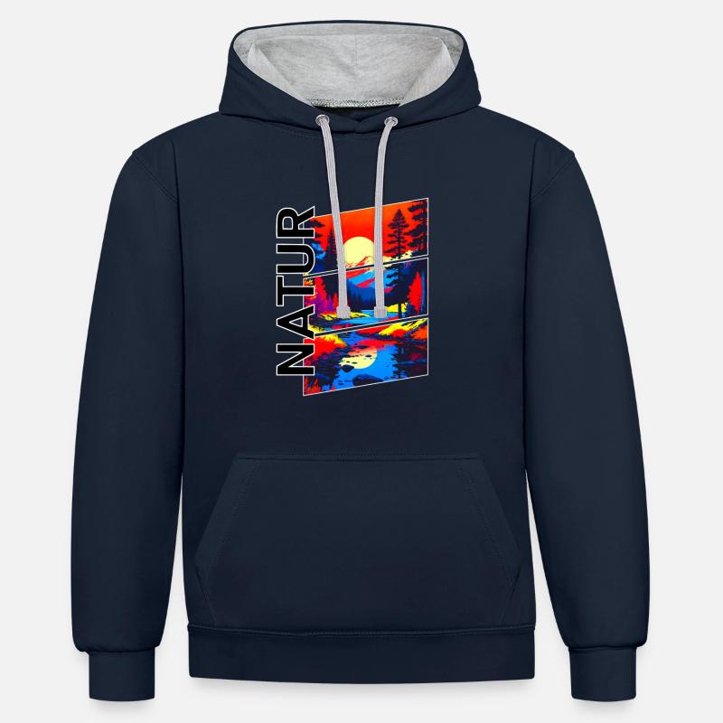 Nature - Sweat à capuche contrasté - bleu marine/gris chiné
