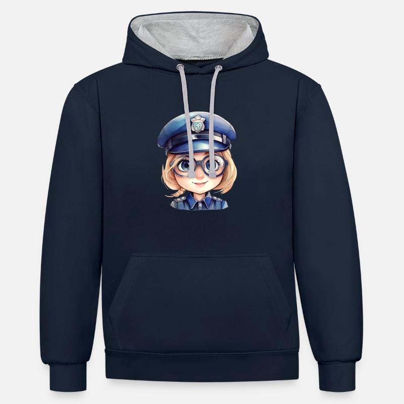 Dessin d’aquarelles de policière - Sweat à capuche contrasté - bleu marine/gris chiné