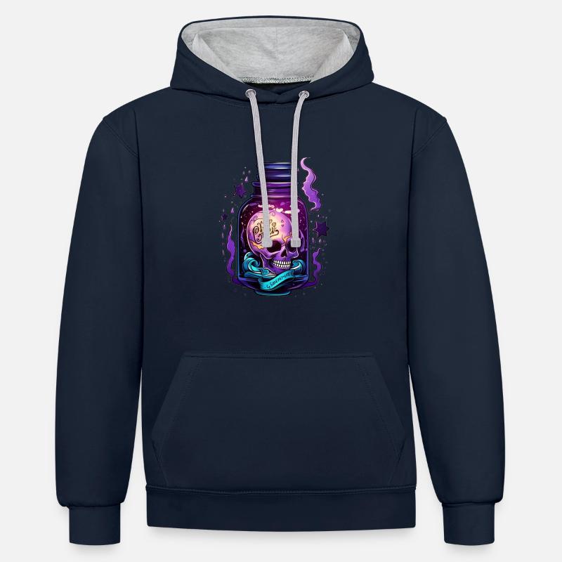 Dessin de bouteille de crâne - Sweat à capuche contrasté - bleu marine/gris chiné