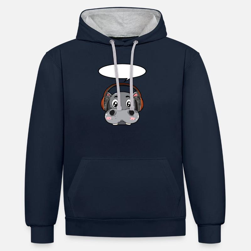 Nilpferd mit Kopfhörer - Kontrast-Hoodie - Navy/Grau meliert