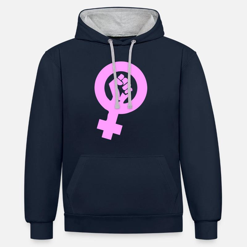 Féminisme combat poing rose pâle - Sweat à capuche contrasté - bleu marine/gris chiné