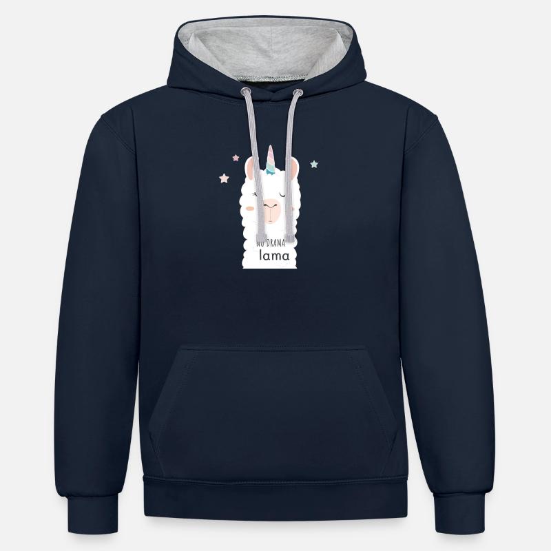 AUCUN DRAMA LAMA - Sweat à capuche contrasté - bleu marine/gris chiné