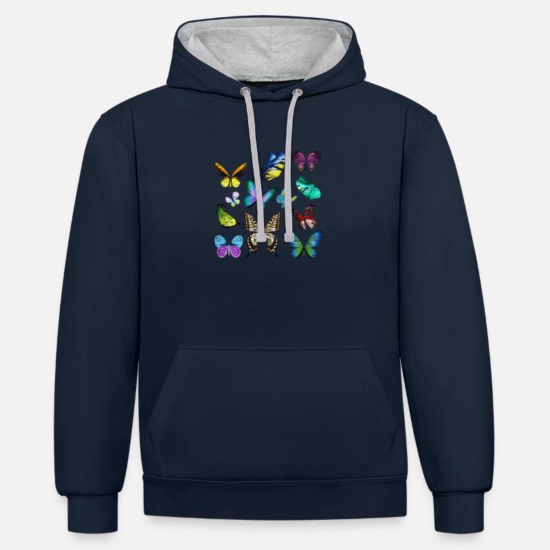 Papillon insecte cocon - Sweat à capuche contrasté - bleu marine/gris chiné