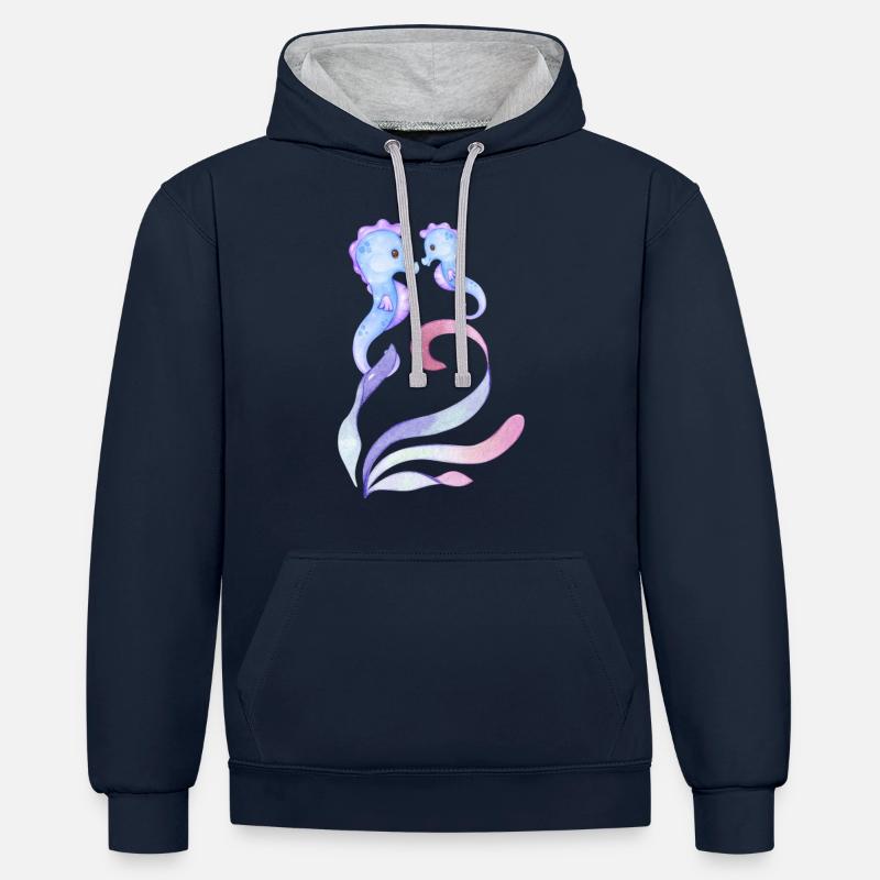 blaue Seepferdchen - Mutter + Kind - Kontrast-Hoodie - Navy/Grau meliert