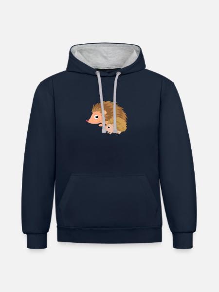 Hérisson avec bébé hérisson - Sweat à capuche contrasté - bleu marine/gris chiné