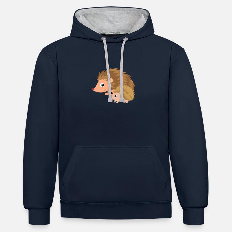 Igel mit Igelbaby - Kontrast-Hoodie - Navy/Grau meliert