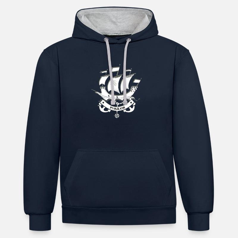 Le Pirée Grèce - Sweat à capuche contrasté - bleu marine/gris chiné