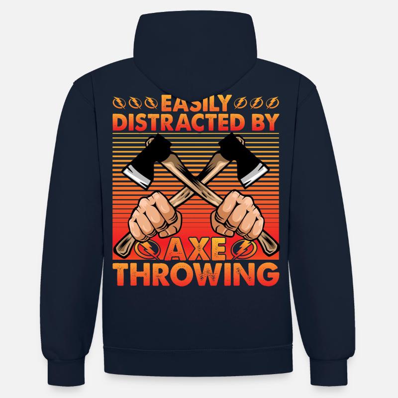 Easily Distracted by Axe Throwing - Kontrast-Hoodie - Navy/Grau meliert