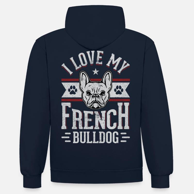 J’adore mon bouledogue français - Sweat à capuche contrasté - bleu marine/gris chiné