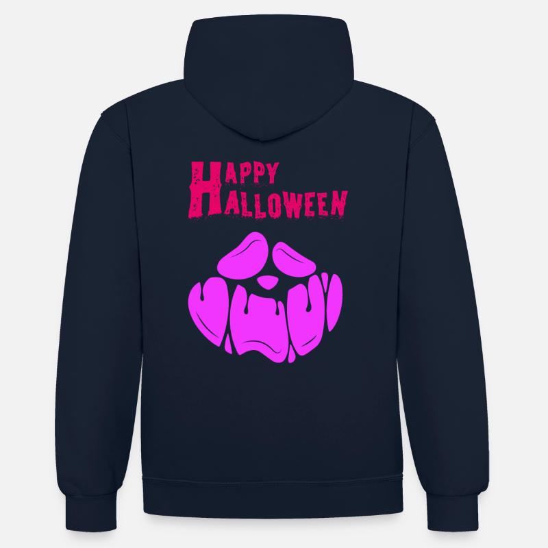 Citrouille d’Halloween, Joyeux Halloween - Sweat à capuche contrasté - bleu marine/gris chiné