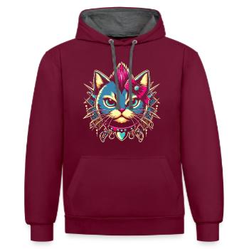 YANACAT Saure, aber süße, stilvolle Punk-Katze - Kontrast-Hoodie - Weinrot/Anthrazit - Vorne - Anna (173cm) & Nico (186cm)