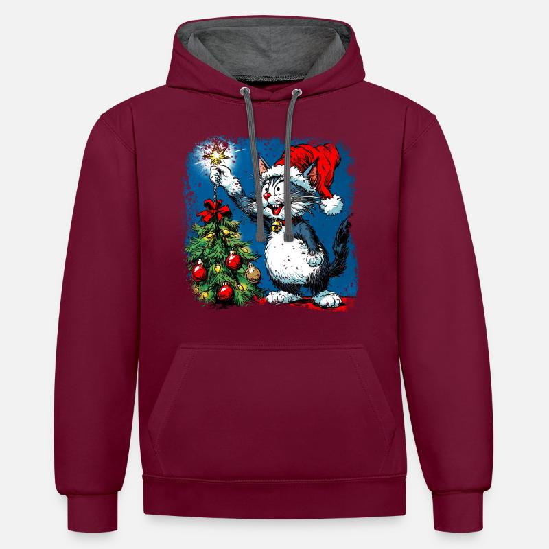 Noël chat - Sweat à capuche contrasté - bordeaux/anthracite