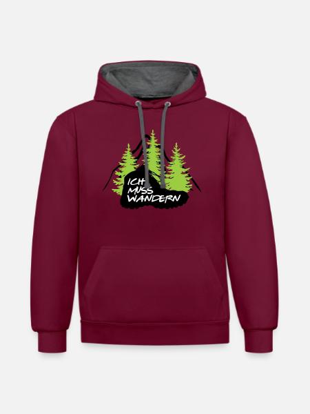 ICH MUSS WANDERN - Kontrast-Hoodie - Weinrot/Anthrazit