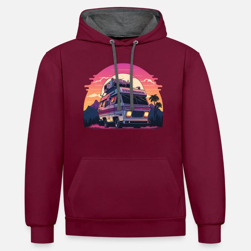Synthwave Camper sunset - Kontrast-Hoodie - Weinrot/Anthrazit