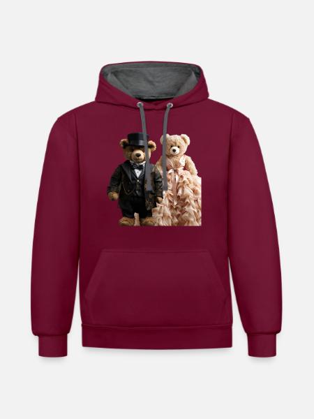 Two teddy bears newly married - Contrast hoodie - burgundy/charcoal