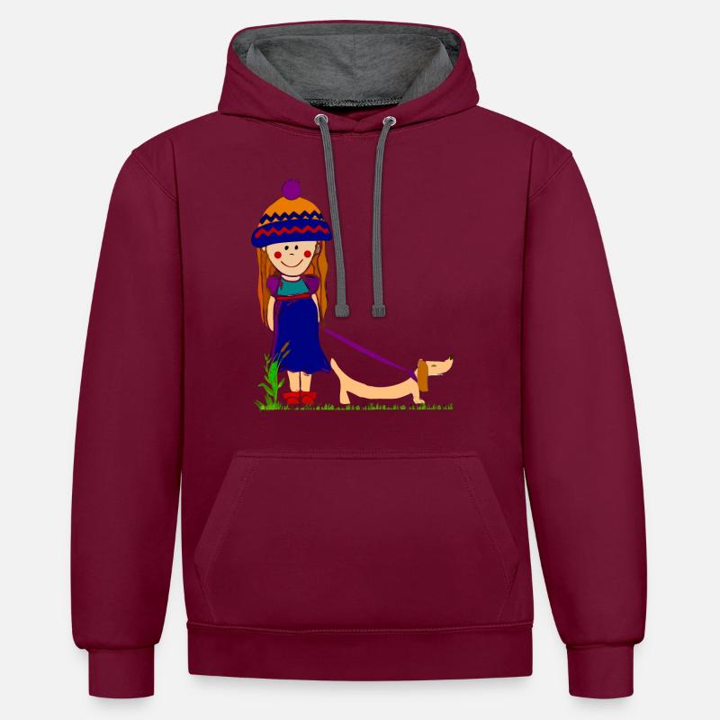 Fille avec chien - Sweat à capuche contrasté - bordeaux/anthracite