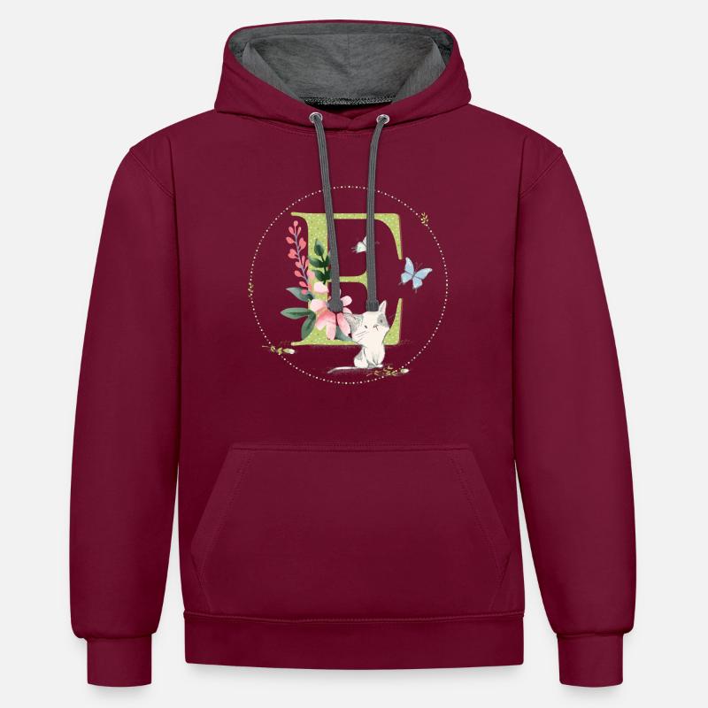 Première lettre E avec chat - Sweat à capuche contrasté - bordeaux/anthracite