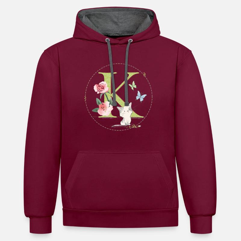 Anfangsbuchstabe K mit Katze - Kontrast-Hoodie - Weinrot/Anthrazit