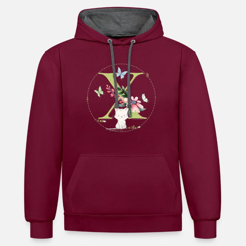 Anfangsbuchstabe X mit Katze - Kontrast-Hoodie - Weinrot/Anthrazit