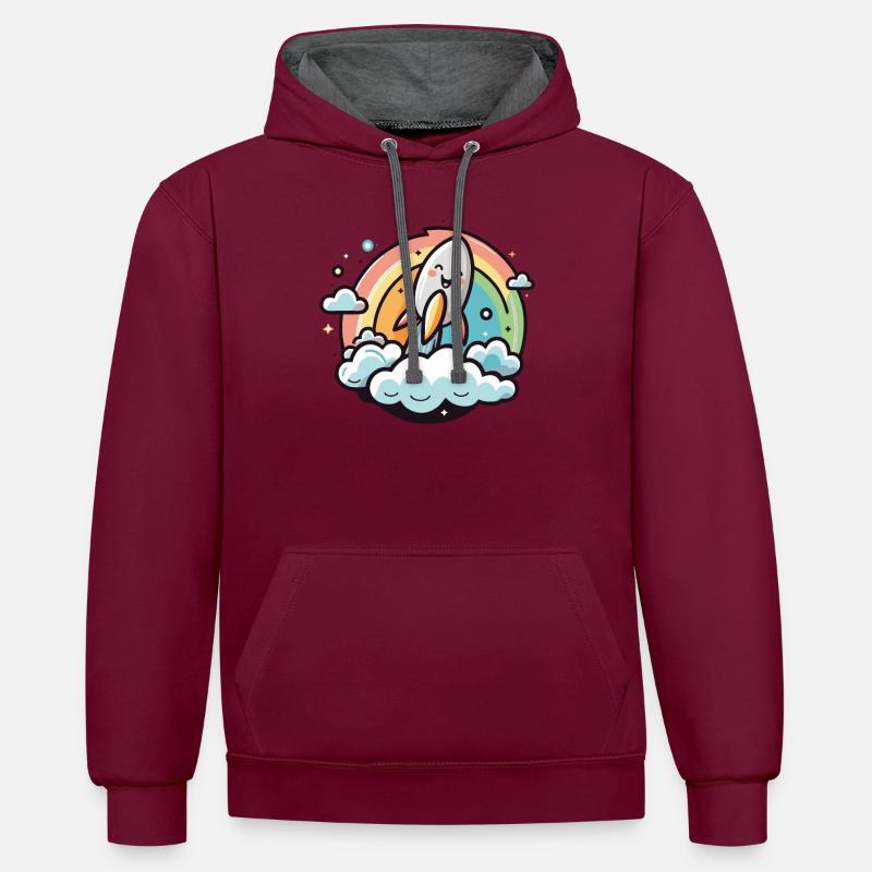 Joyeuse fusée avec arc-en-ciel - Sweat à capuche contrasté - bordeaux/anthracite