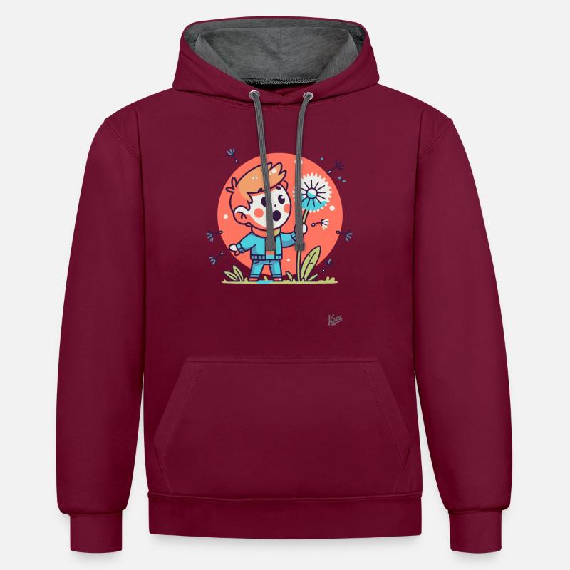 Garçon, émerveillé par un pissenlit - Sweat à capuche contrasté - bordeaux/anthracite