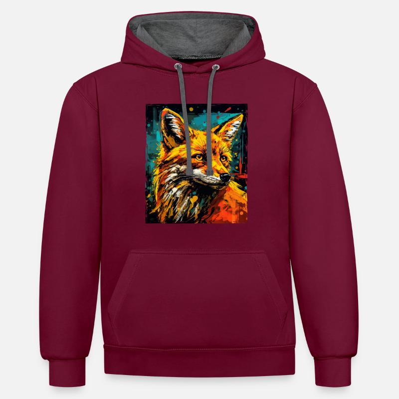 Portrait de renard - Sweat à capuche contrasté - bordeaux/anthracite