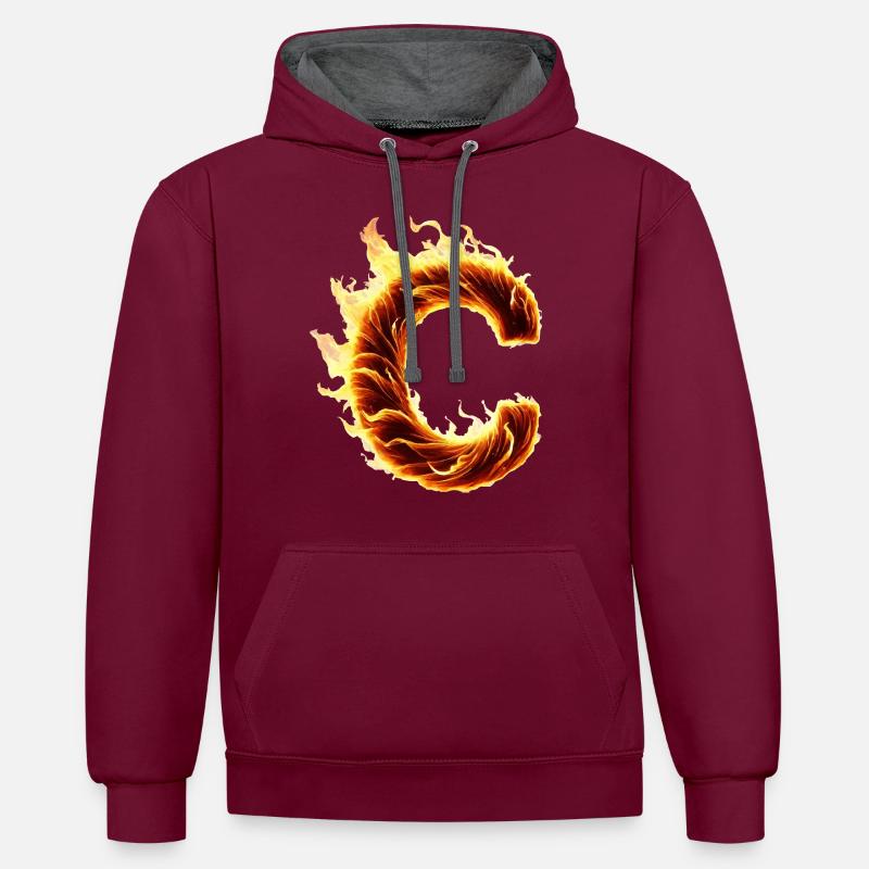 Lettre C Flammes - Sweat à capuche contrasté - bordeaux/anthracite