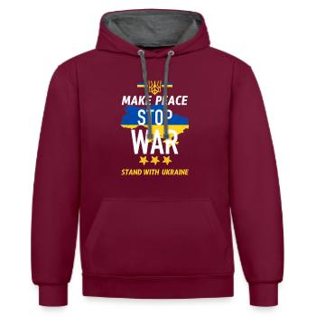 Frieden schaffen und Krieg stoppen - Kontrast-Hoodie - Weinrot/Anthrazit - Vorne - Anna (173cm) & Nico (186cm)