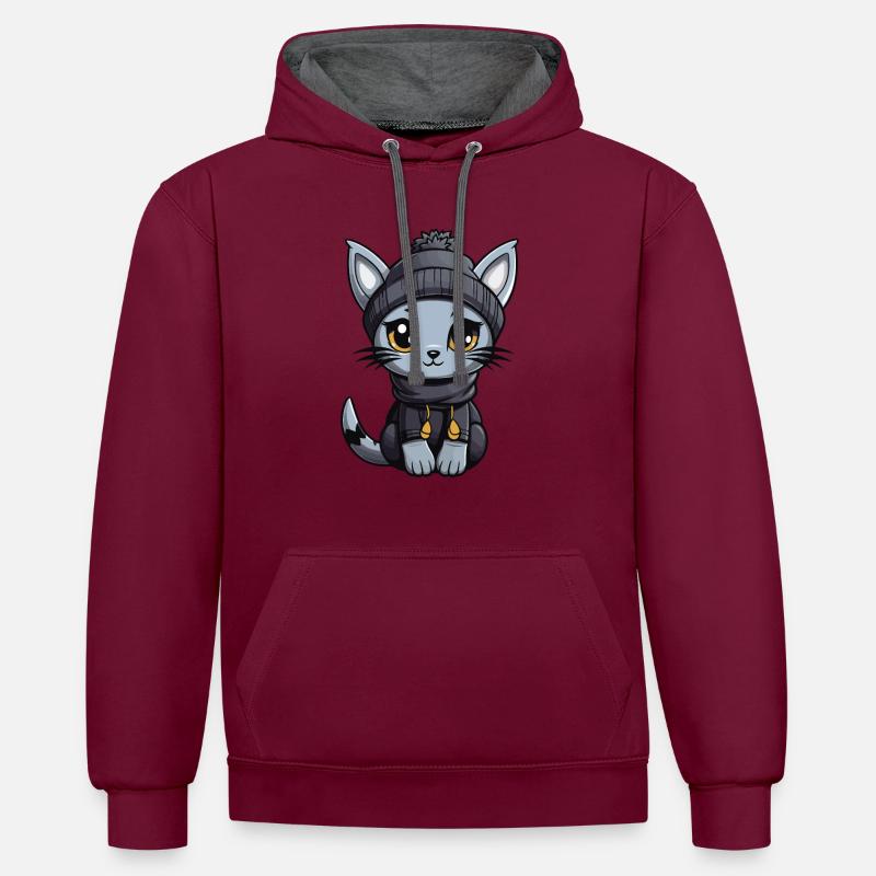 Bande dessinée d’hiver de chat - Sweat à capuche contrasté - bordeaux/anthracite