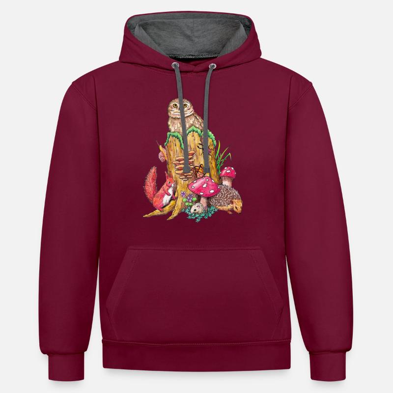 Animaux de la forêt - Sweat à capuche contrasté - bordeaux/anthracite