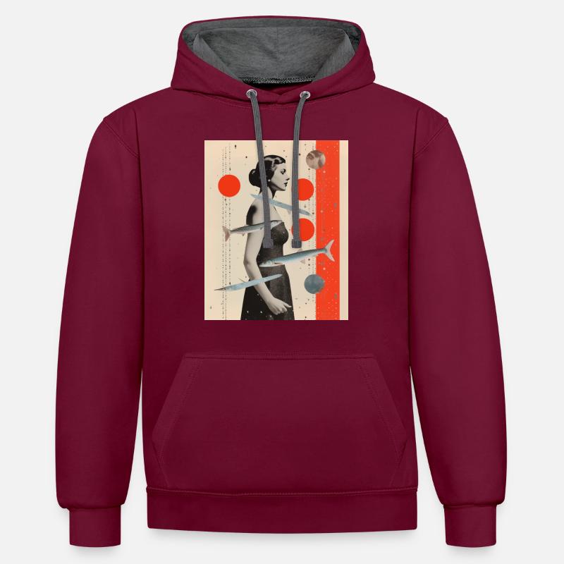 Poissons collage art astrologie - Sweat à capuche contrasté - bordeaux/anthracite