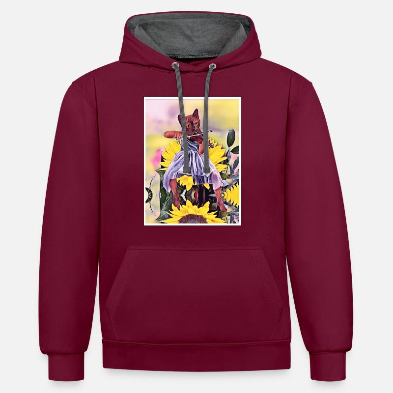 Chat violoniste sur Tournesol - Sweat à capuche contrasté - bordeaux/anthracite