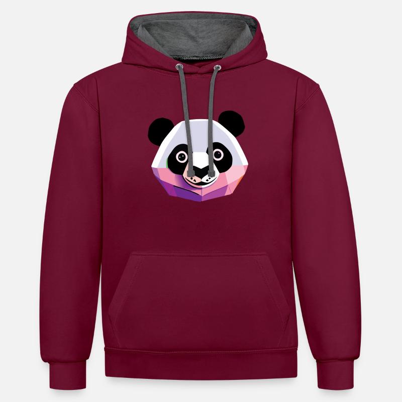 Panda Low Poly - Sweat à capuche contrasté - bordeaux/anthracite