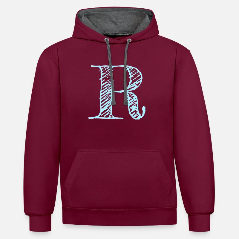 Buchstabe "R" Comic Blau - Kontrast-Hoodie - Weinrot/Anthrazit
