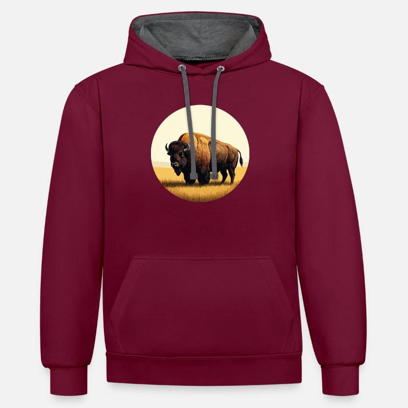 Bison dans la prairie - Sweat à capuche contrasté - bordeaux/anthracite