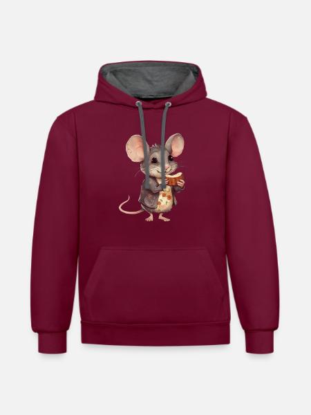 Happy mouse with chocolate biscuit - Contrast hoodie - burgundy/charcoal