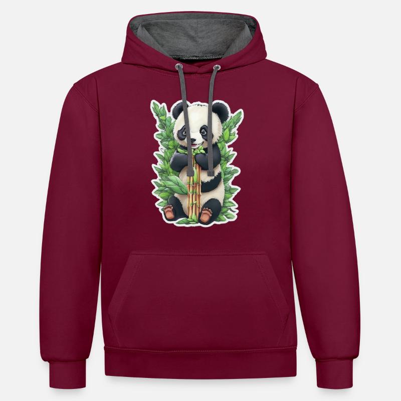 Panda bear eats bamboo - Contrast hoodie - burgundy/charcoal
