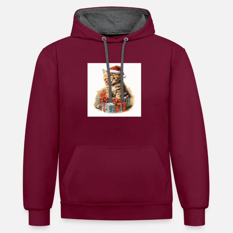 Chaton de Noël 3 - Sweat à capuche contrasté - bordeaux/anthracite