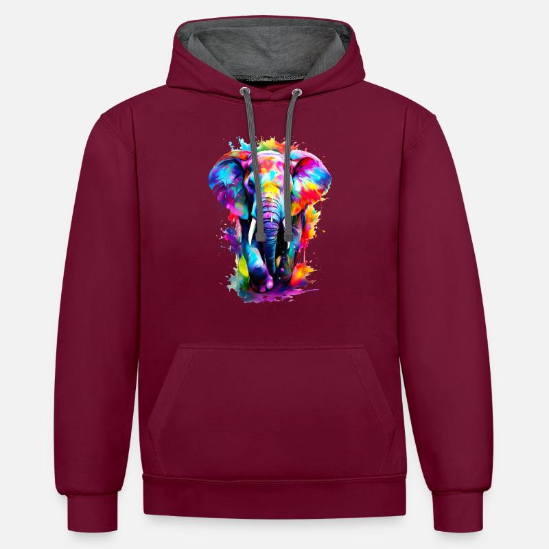 Bemalter Elefant - Kontrast-Hoodie - Weinrot/Anthrazit