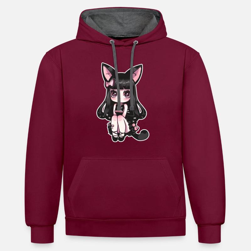Neko chan kawaii - Sweat à capuche contrasté - bordeaux/anthracite