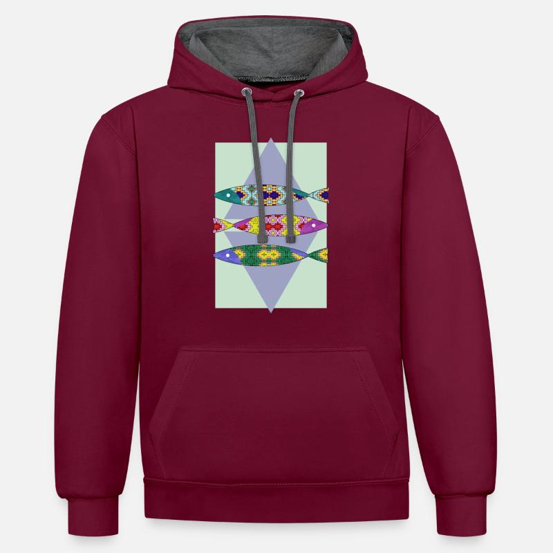 Poissons - Sweat à capuche contrasté - bordeaux/anthracite