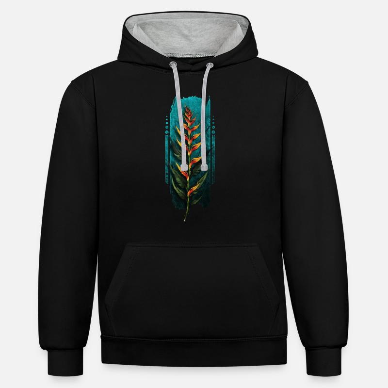 Splendeur tropicale : Fleur d’Heliconia - Sweat à capuche contrasté - noir/gris chiné