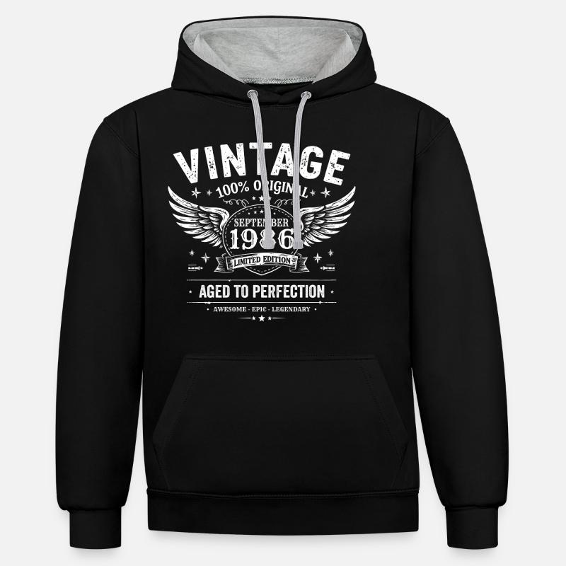 Né en Septembre 1986 - Sweat à capuche contrasté - noir/gris chiné