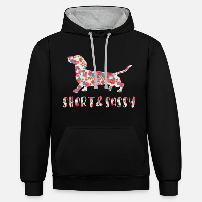 Petit teckel effronté fleuri - Sweat à capuche contrasté - noir/gris chiné