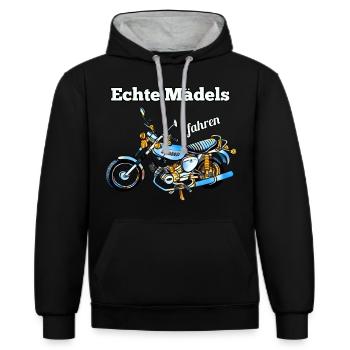 Echte Mädels fahren Simson Moped Nostalgie - Kontrast-Hoodie - Schwarz/Grau meliert - Vorne - Anna (173cm) & Nico (186cm)