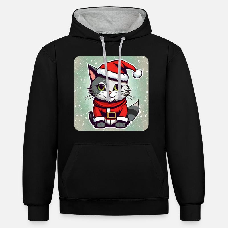 Chat de Noël mignon - Sweat à capuche contrasté - noir/gris chiné