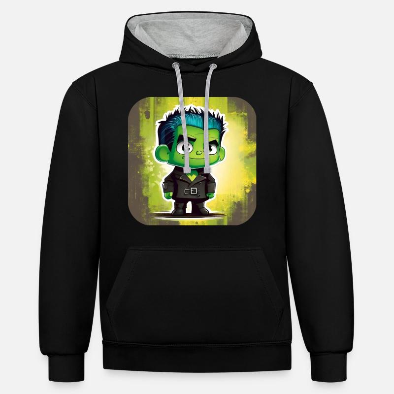 Mignon petit monstre vert - Sweat à capuche contrasté - noir/gris chiné