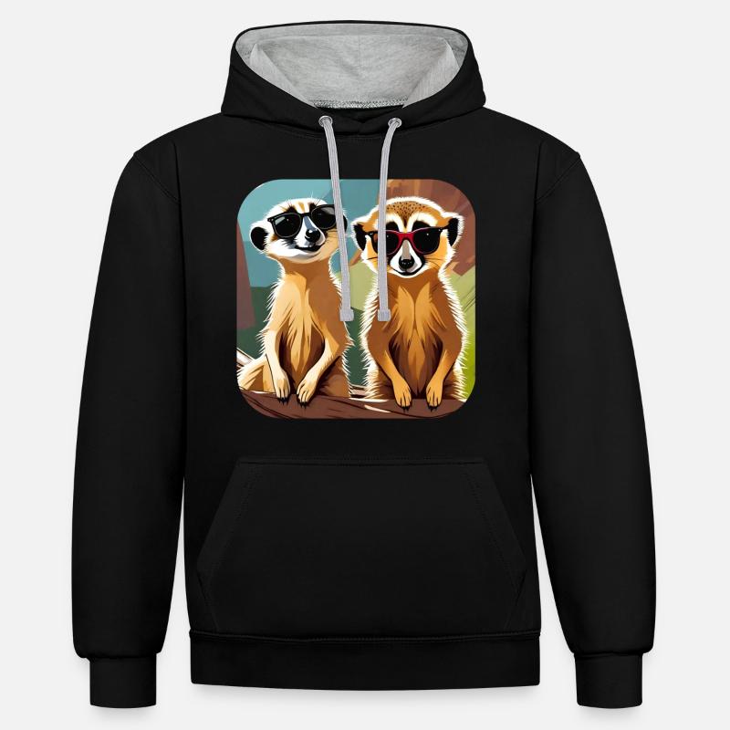 Suricates mignons - Sweat à capuche contrasté - noir/gris chiné
