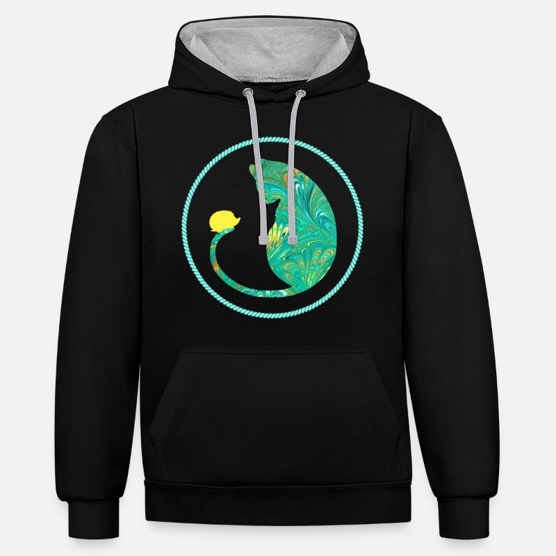 katze mit igel e 71 - Kontrast-Hoodie - Schwarz/Grau meliert