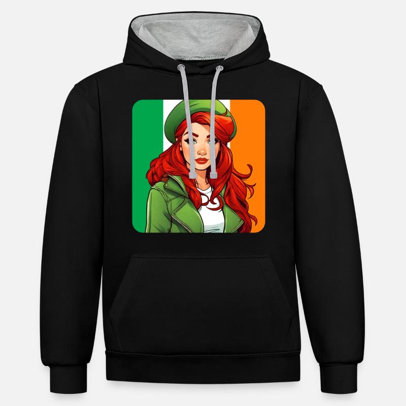 Fille rousse irlandaise cool - Sweat à capuche contrasté - noir/gris chiné